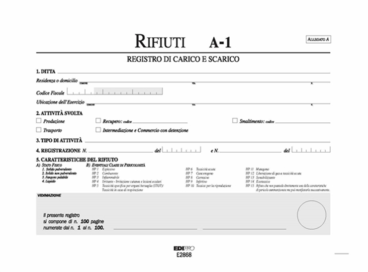 Zetaufficio shop. Blocco carico/scarico rifiuti detentori mod. A 22x29,7  100 pagine num.